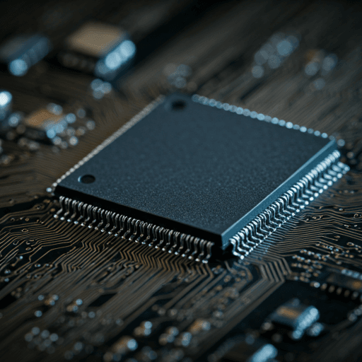 Microchip circuitry macro shot with elegant blue neon lighting highlights